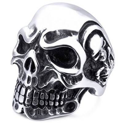 INBLUE Men's Stainless Steel Ring Silver Tone Black Skull Bone Size7