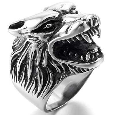 INBLUE Men's Stainless Steel Ring Silver Tone Black Wolf Head Size7