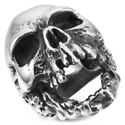 INBLUE Men's Stainless Steel Ring Silver Tone Skull Size8