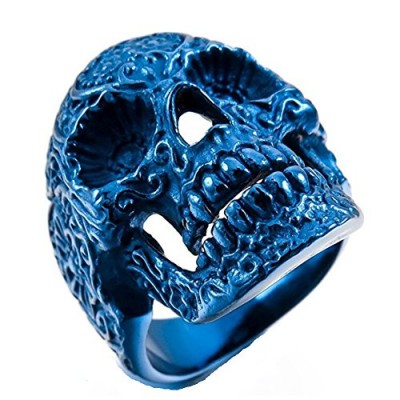 JAJAFOOK Blue Skull Flower Gothic Biker Classic Men's Stainless Steel Vintage Ring