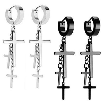 JewelrieShop Cross Tassel Stainless Steel Urban Huggie Hinged Hoop Dangle Earrings