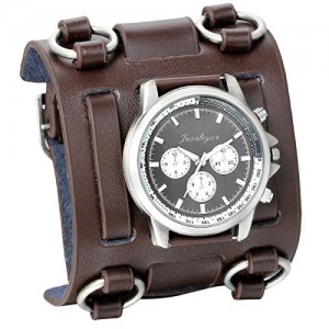 JewelryWe Hip-hop Gothic Leathernk Style Mens Wrist Watch 74MM Wide Brown Leather Cuff Watches