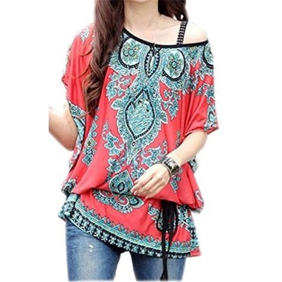 JSDY Womens Gothic Floral Printed Bohemia Bat Sleeve Blouse Tee Shirts Top Red