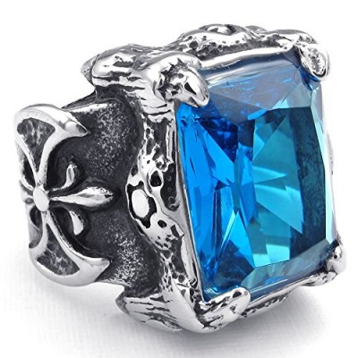 KONOV Jewelry Mens Crystal Stainless Steel Ring, Gothic Dragon Claw, Blue Silver, Size 8
