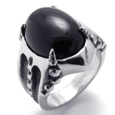 KONOV Jewelry Vintage Stainless Steel Gothic Dragon Claw Biker Mens Ring, Oval Agate, Black Silver, Size 7