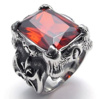 Size 7 - KONOV Jewelry Vintage Stainless Steel Band Red Crystal Gothic Dragon Claw Biker Men's Ring