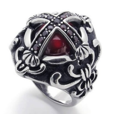 KONOV Vintage Stainless Steel Cubic Zirconia Cross Biker Mens Ring, Red, Size 9