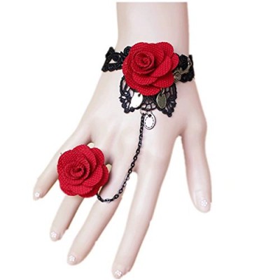 Handmade Gothic Lolita Retro Lace Slave Bracelet Ring Wedding Wristband Red Flower Rose