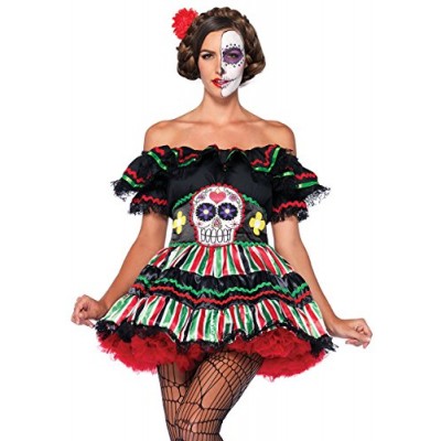Leg Avenue Women's 2 Piece Day Of The Dead Doll Costume, Black/Multi-Colored, Small/Medium
