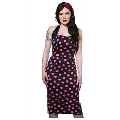 Living Dead Souls Womens/Juniors SWEETHEART HALTER PENCIL POLKA DOT DRESS- S, Black/Pink