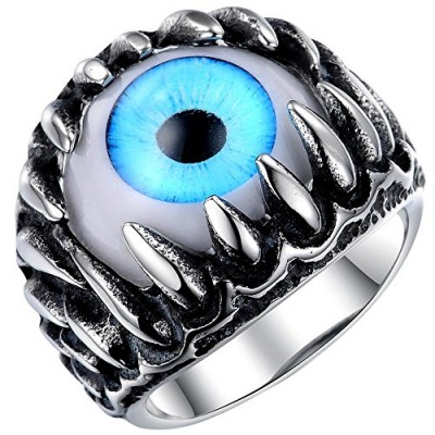 Men's Stainless Steel Gothic Skull Dragon Claw Evil Devil Eye Biker Ring,vintage Blue Silver White Size 7