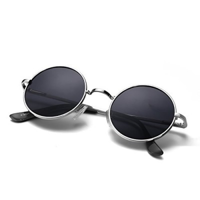 Menton Ezil Round Vintage Mirror Lenses UV protection Polarized unisex Small Hippie Syle Sunglasses for Men With Black Silver Metal Frame Black Len...