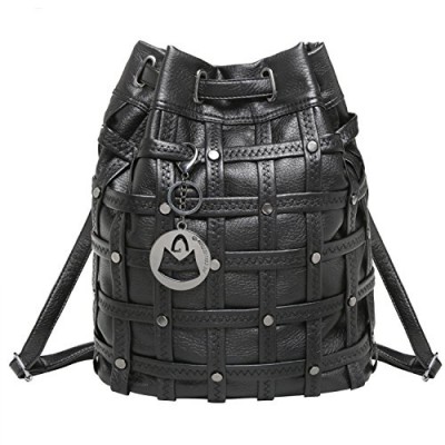 MG Collection IVY Black Studded Cross Woven Bucket Tote Style Backpack