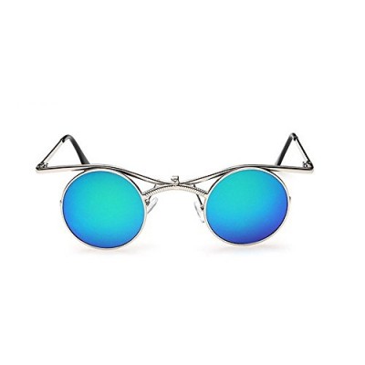 MINCL/Boho Chic Gothic punk Sidestreet Flip-up Round Mirror Lens Metal Frame Sunglasses (silver-blue green, silver-blue green)