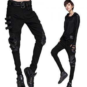 Minibee Women's Harem Patchwork Leather Pocket Punk Style Personalized Pants Black M Minibee Women's Harem Patchwork Leather Pocket Punk Style Personalized Pants Black M