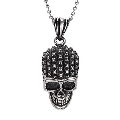 Men's Large Heavy Punk Rock Stainless Steel Gothic Skull Biker Pendant Necklace, 24" Link Chain