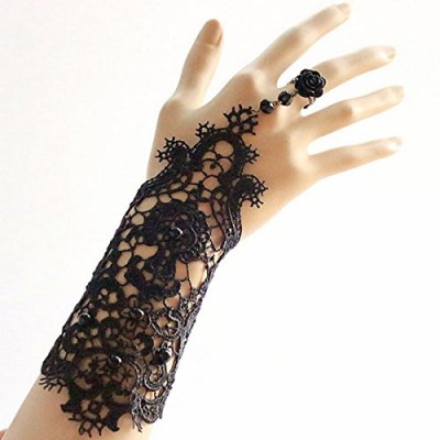 Fashion Elegant Bridal Women Black Beaded Embroidered Lace Flower Bangle Bracelet with Ring Wedding Party