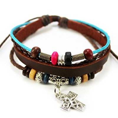 November's Chopin Charm Metal Cross Pendant Multistrand Leather Adjustable Wrap Bracelet