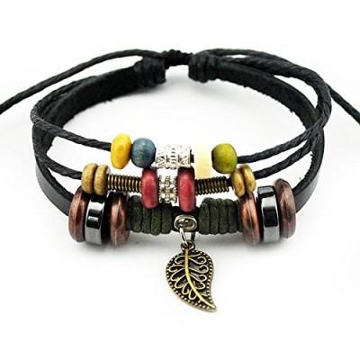 November's Chopin (TM Unique Metal Leaf Pendant Colorful Beads Multistrand Leather Adjustable Wrap Bracelet (Black)