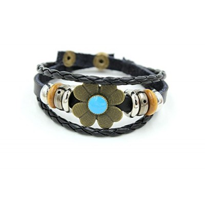 Metal Four-Leaf Flower Button Multistrand Leather Adjustable Braided Bracelet