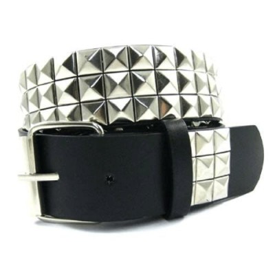 3 Rows Pyramid Stud Punk Spike Gothic Leather Belt Bk - Large