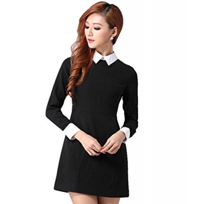 Goldensat Women Lapel Zip Back Long Sleeve Peter Pan Collar Dress Small Black