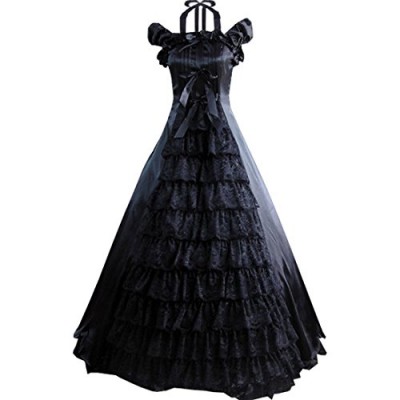 Partiss Women Bowknot Floor-length Ruffles Gothic Victorian Lolita Dress, XS, Black