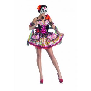 Party King Day Of The Dead Women's Costume Set with Mask, Multi, Small