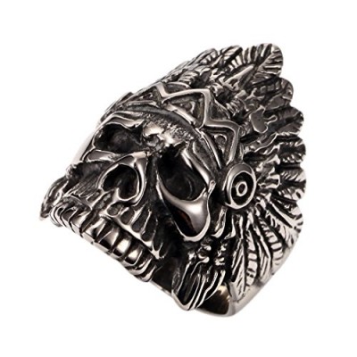 PAURO Cool Feather Dayak Indian Headdress Punk Skull Stainless Steel Mens Boys Ring Size 7