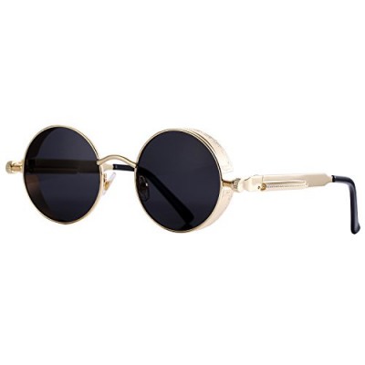 Pro Acme Gothic Steampunk Sunglasses for Men Women Metal Frame Round Lens (Black Lens/Gold Frame)