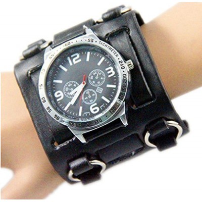 02 Big Black Hip-hop Rock/gothic/punk Style Men Watch 7.5cm Wide Leather Cuff Wristwatch Fashion Watch