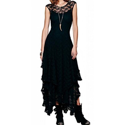 R.Vivimos Women Sleeveless Backless Asymmetrical Layered Lace Long Dress with Slip Two Pieces (Medium, Black)