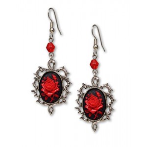 Gothic Red Rose Cameo Earrings Surrounded by Thorns with Red Bead Gothic Red Rose Cameo Earrings Surrounded by Thorns with Red Bead