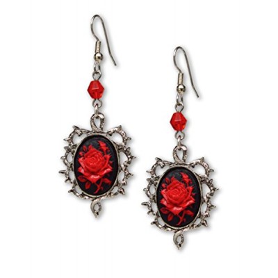 Gothic Red Rose Cameo Earrings Surrounded by Thorns with Red Bead