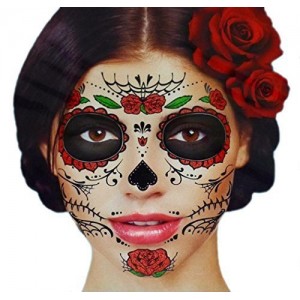 Glitter Red Roses Day of the Dead Sugar Skull Temporary Face Tattoo Kit - Pack of 2 Kits