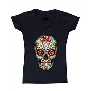 Sugar Skull Roses Women V-Neck Day of Dead Shirts #16553 Small Black Sugar Skull Roses Women V-Neck Day of Dead Shirts #16553 Small Black