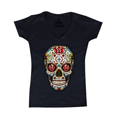 Sugar Skull Roses Women V-Neck Day of Dead Shirts #16553 Small Black