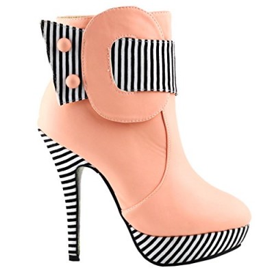 Show Story Baby Pink Striped Button Zipper High Heel Stiletto Platform Ankle Boots,LF30303BP35,4US,Baby Pink