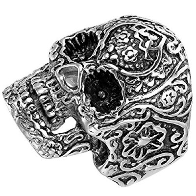 Sirius Stainless Steel Punk Vintage Jewelry Flaming Expendables Vampire Gothic Skull Ring Silver Size 10