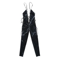 SODIAL(R) Ladies Black Open Crotch Exposed Chest PVC Faux Leather Zipper Bodysuit Sexy Jumpsuit Clubwear Game Role Gothic Fetish Clothing