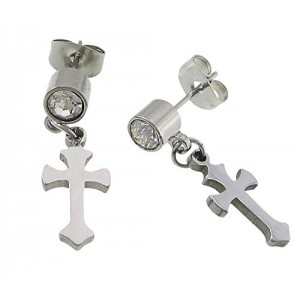 Stainless Steel Florentine Cross Earrings w/Crystal Posts