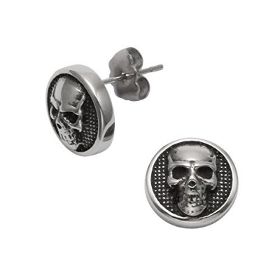 Stainless Steel Skull in Disc Stud Earrings