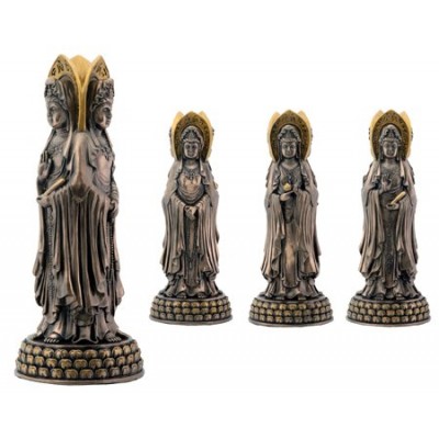 Bronze Three Sided Kuan Yin On Lotus Buddhism Figurine Display