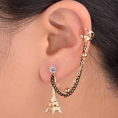 One Piece Eiffel Tower Crystal Gold Plated Clip Ear Cuff Chain Stud Earring Goth 