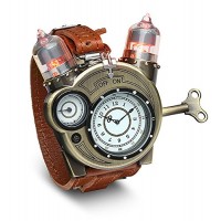 ThinkGeek Steampunk-Styled Tesla Analog Watch Weathered-Brass Look on Metal Findings Plus Leather Strap