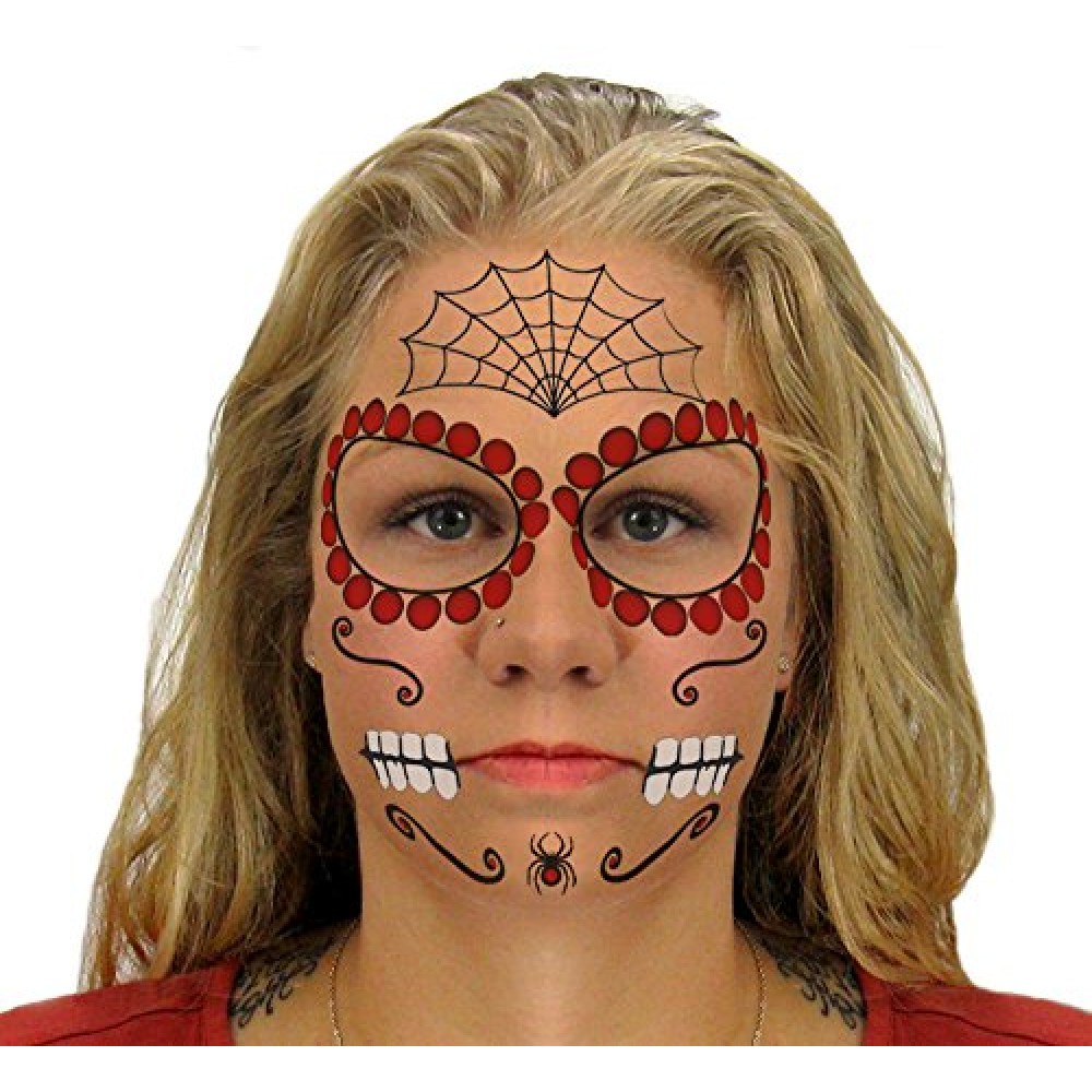 Ruby Sugar Skull Day of the Dead Temporary Face Tattoo Kit for Men or Women - 2 Complete Kits