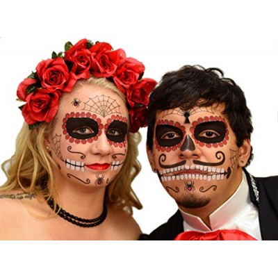 Ruby Sugar Skull Day of the Dead Temporary Face Tattoo Kit for Men or Women - 2 Complete Kits