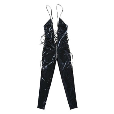 TOOGOO(R) Ladies Black Open Crotch Exposed Chest PVC Faux Leather Zipper Bodysuit Sexy Jumpsuit Clubwear Game Role Gothic Fetish Clothing