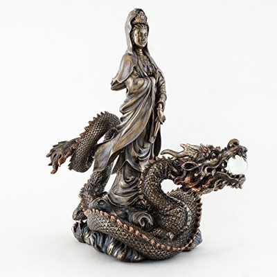 Top Collection 13" H 10.5" L Guan Yin Riding Dragon Statue. Bronze Powder Mixed with Resin - Bronze Antique Finish. East Asian Goddess of Compassio...