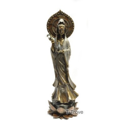 Top Collection 17.5" Guan Yin Avalokiteshvara Standing On Lotus Pedestal Statue in Cold Cast Bronze - Quan Yin East Asian Goddess of Compassion and...